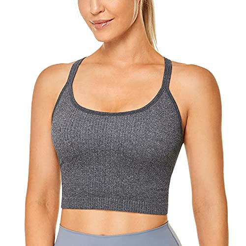 CRZ YOGA Womens Longline Seamless Ribbed Sports Bra - Padded Racerback Sports Bra Yoga Crop Tank Tops Light Gray 7 X-Large | Amazon (US)