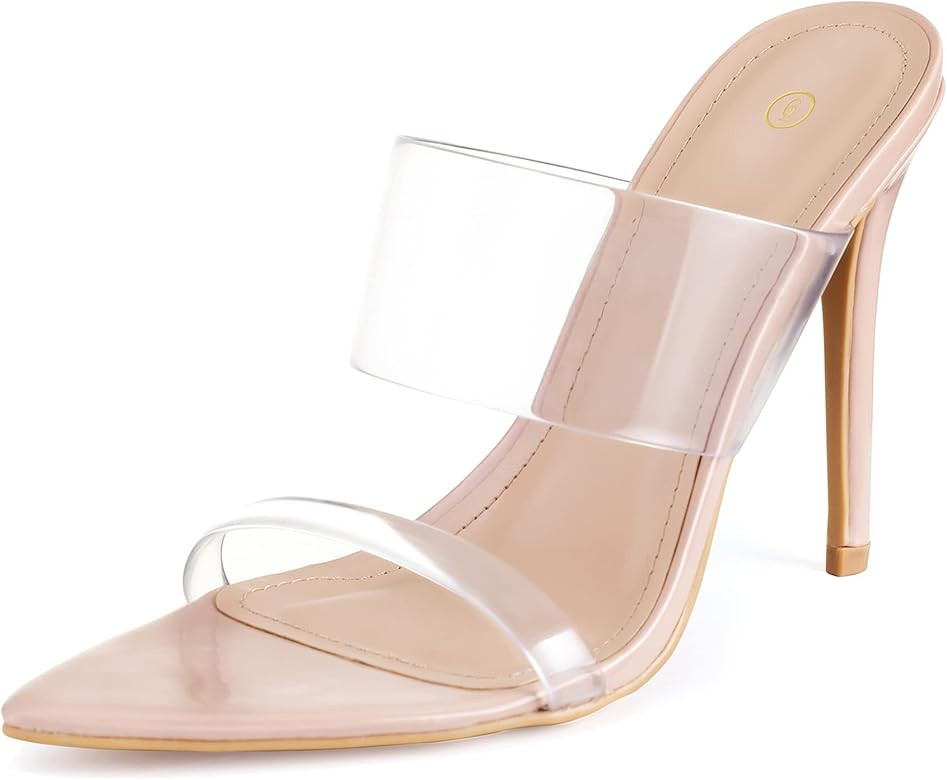 mysoft Women's Pointed Toe Clear Stilettos Transparent Strap Slip On High Heeled Mules | Amazon (US)