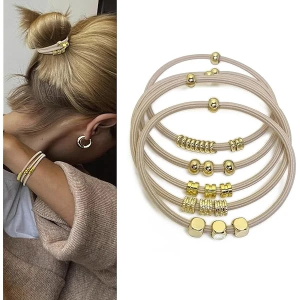 LYHBlonde Boho Hair Ties Bracelet, Cute Ponytail Holders with Gold Bead Jewelry for Women, Trendy Elastic Hair Accessories for Thick, Thin, Curly Hair (Beige) - Walmart.com | Walmart (US)