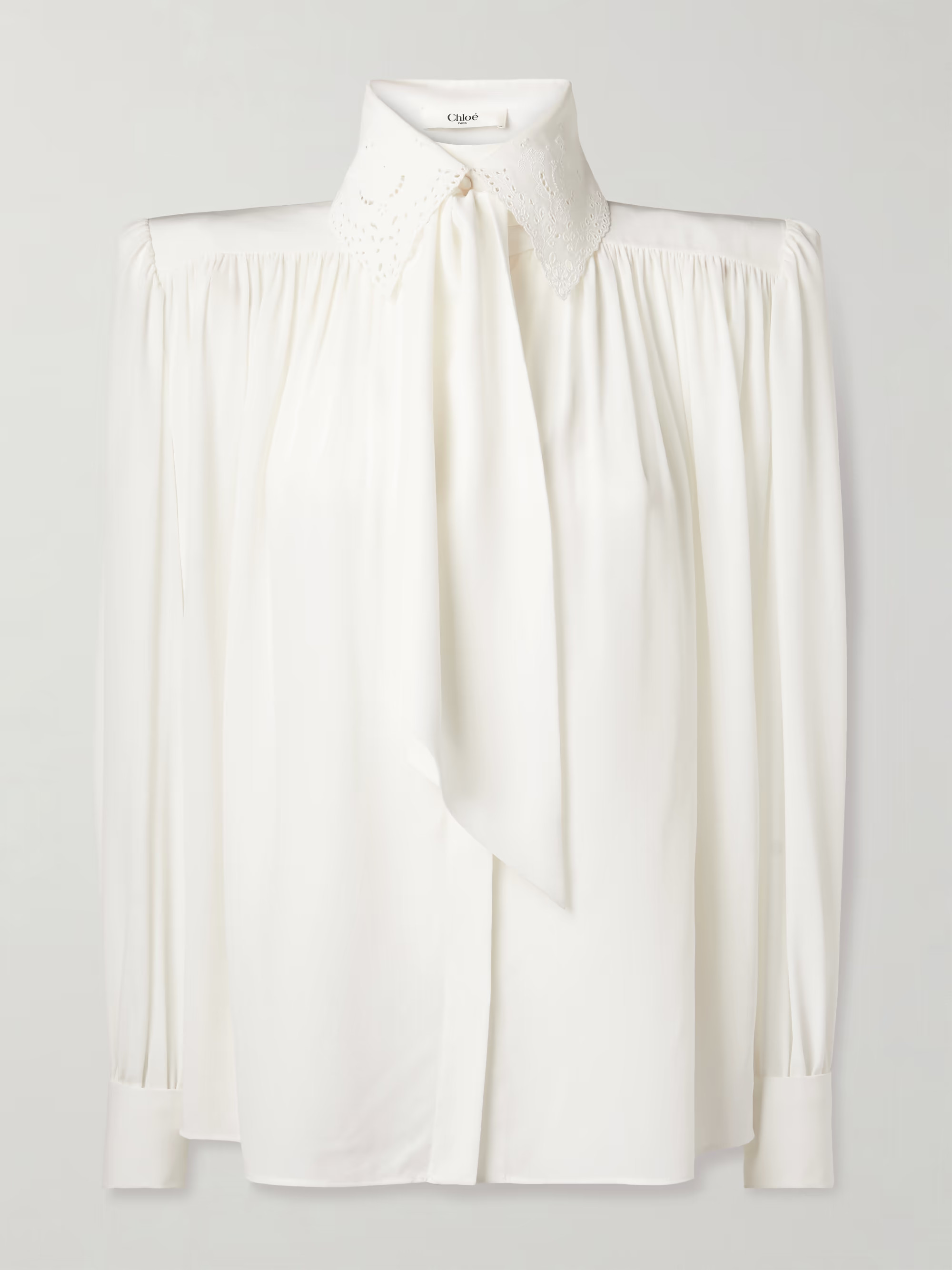 Pussy-bow broderie anglaise-trimmed gathered organic silk shirt | NET-A-PORTER (UK & EU)