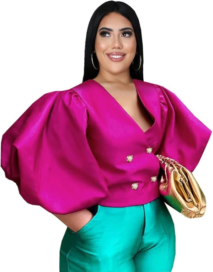 AOMEI Women's V Neck Top Button Down Big Lantern Sleeve Blouse | Amazon (US)