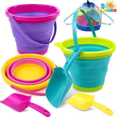 Joyfy 3 Packs Multi Purpose Foldable Sand Buckets, Collapsible Pail Buckets with Shovels & Mesh Bag for Kids Toddlers Summer Party, Camping Gear | Target