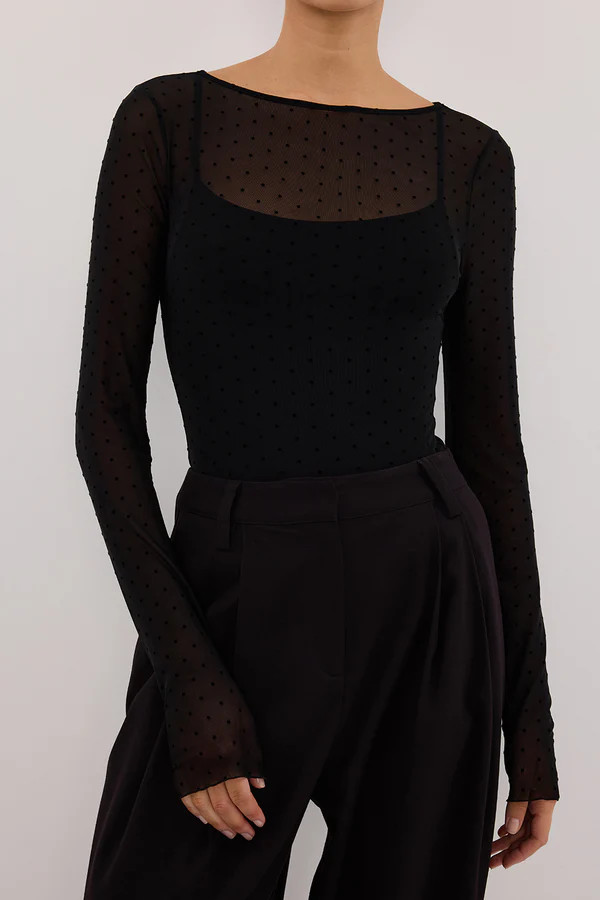 MAE BLACK MESH SPOT LONG SLEEVE TOP | DISSH