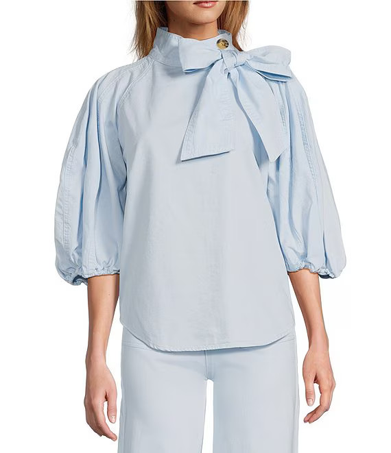 Tinted Denim Mock Bow Tie Neck 3/4" Puffed Balloon Sleeve Pleated Button Shoulder Tulip Hem Top | Dillard's