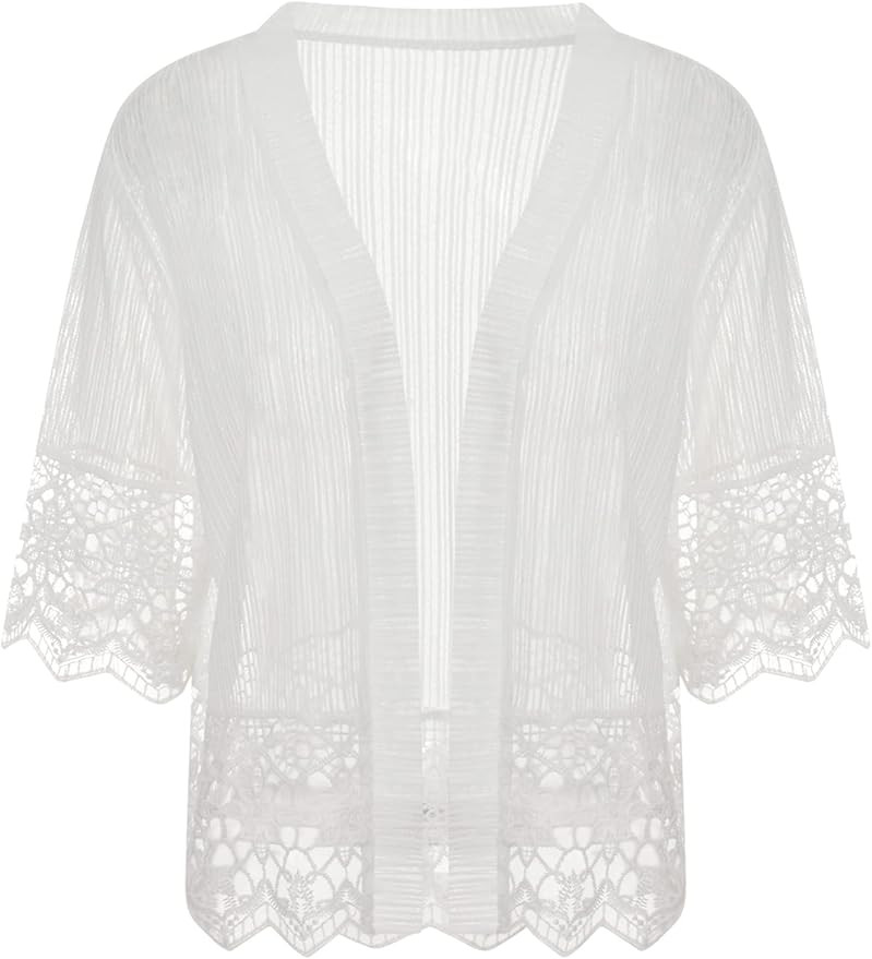 Women Casual Lace Crochet Cardigan Short Sleeve Sheer Cover Up Jacket Ruffle Open Front Blouse To... | Amazon (US)