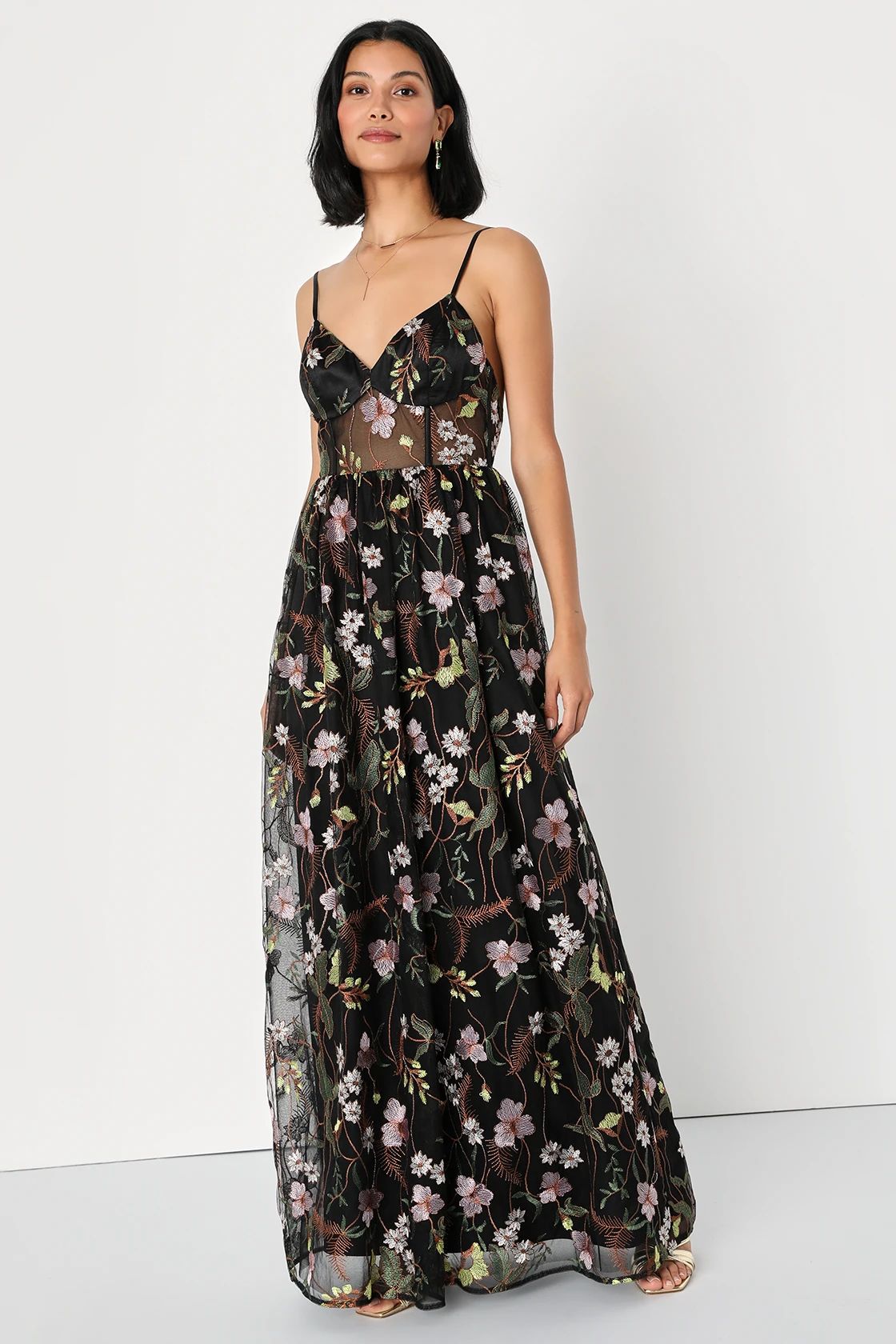 Radiant Fantasy Black Floral Embroidered Tulle Maxi Dress | Lulus (US)