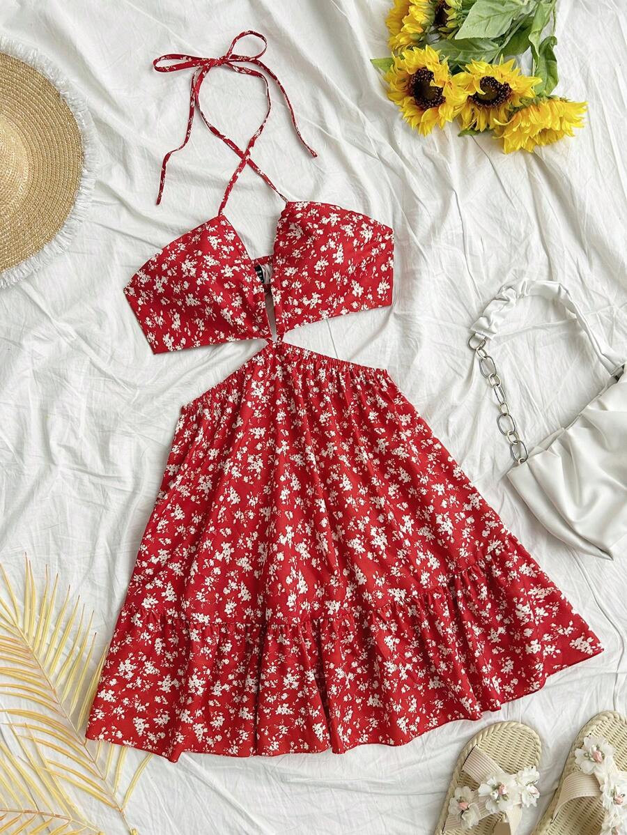 SHEIN Dreamara Vacation Ditsy Floral Spaghetti Strap Hollow-Out Back Red Dress | SHEIN