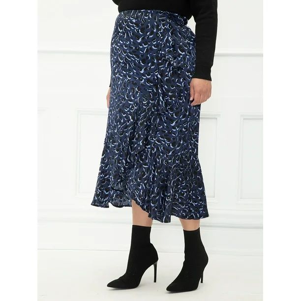 ELOQUII Elements Women's Plus Size Leopard Print Satin Ruffle Midi Skirt | Walmart (US)