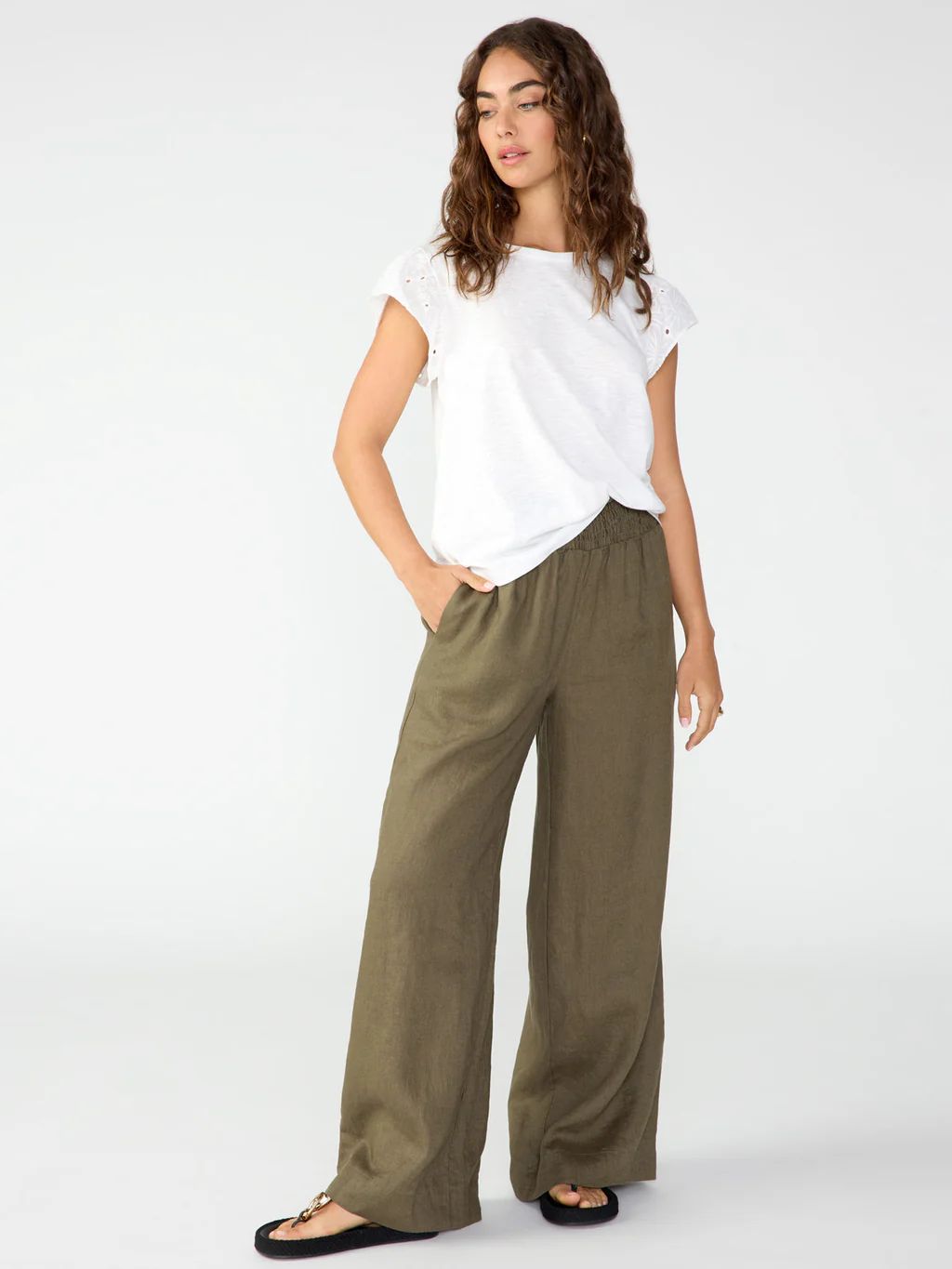 Smocked Wide Leg Semi High Rise Pant Mossy Green | Sanctuary Clothing