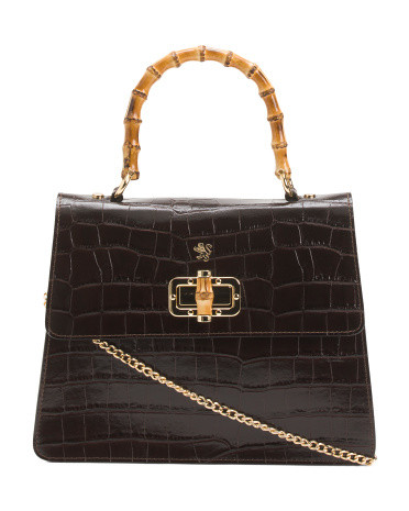 Made In Italy Leather Crocodile Turn Lock Satchel With Handle | TJ Maxx