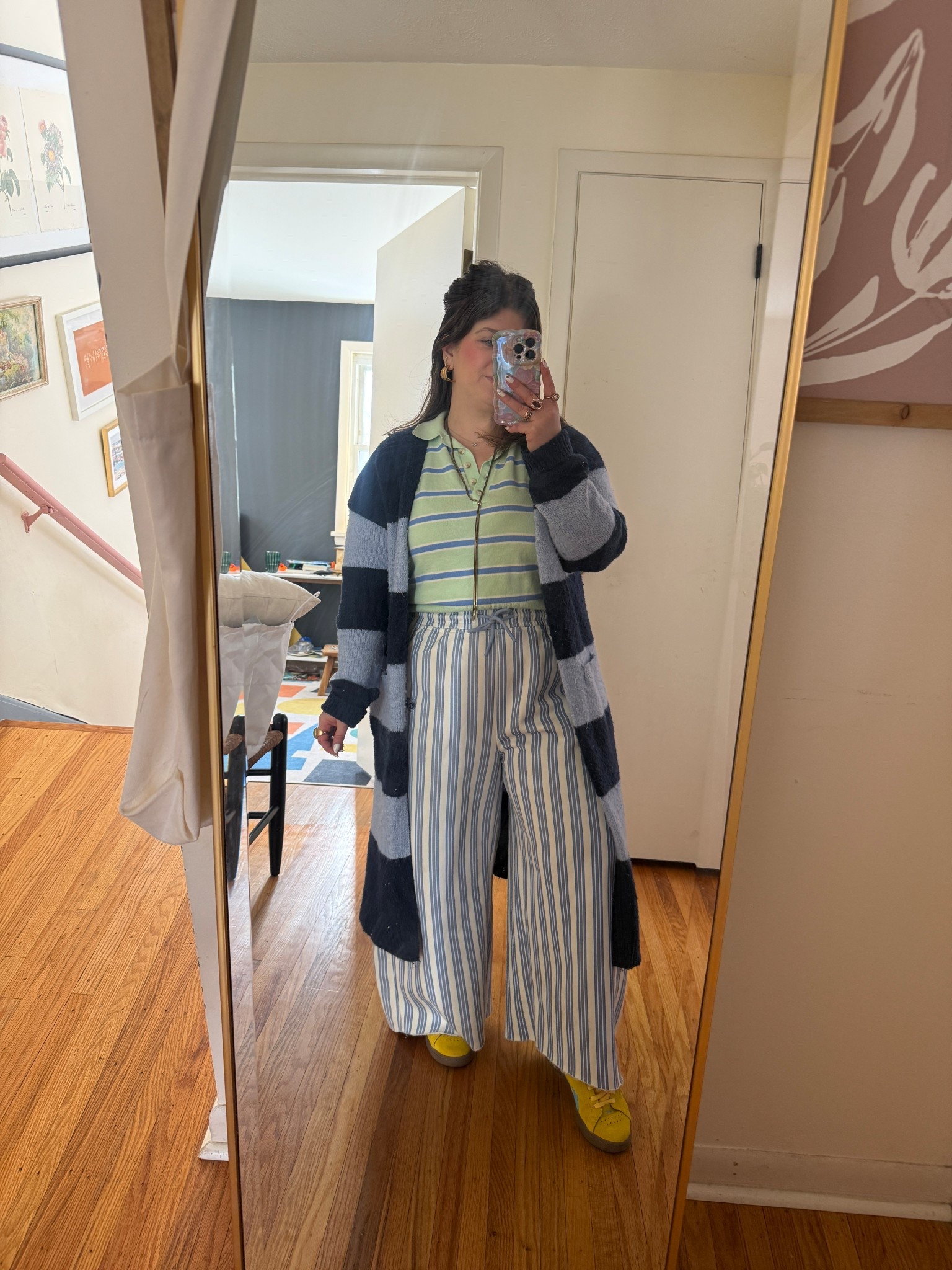 Stripes on stripes. Wide leg pants. Striped polo. Long cardigan 

#LTKPetite #LTKootd #LTKgrwm
