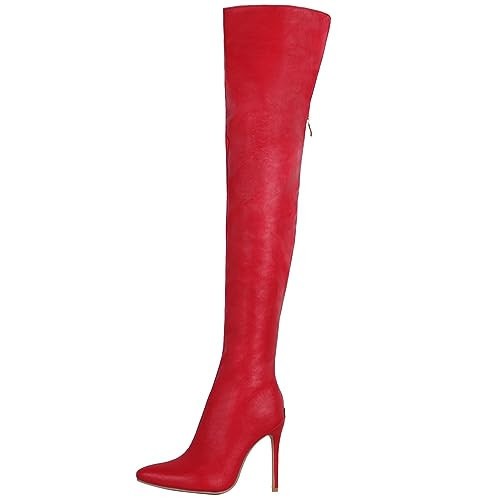 YING LAN Over the Knee High Boots for Women Sexy Zipper Pointed Toe High Heel Faux Leather Surgical Stretch Riding Thigh High Boots Red Size 9.5 | Amazon (US)
