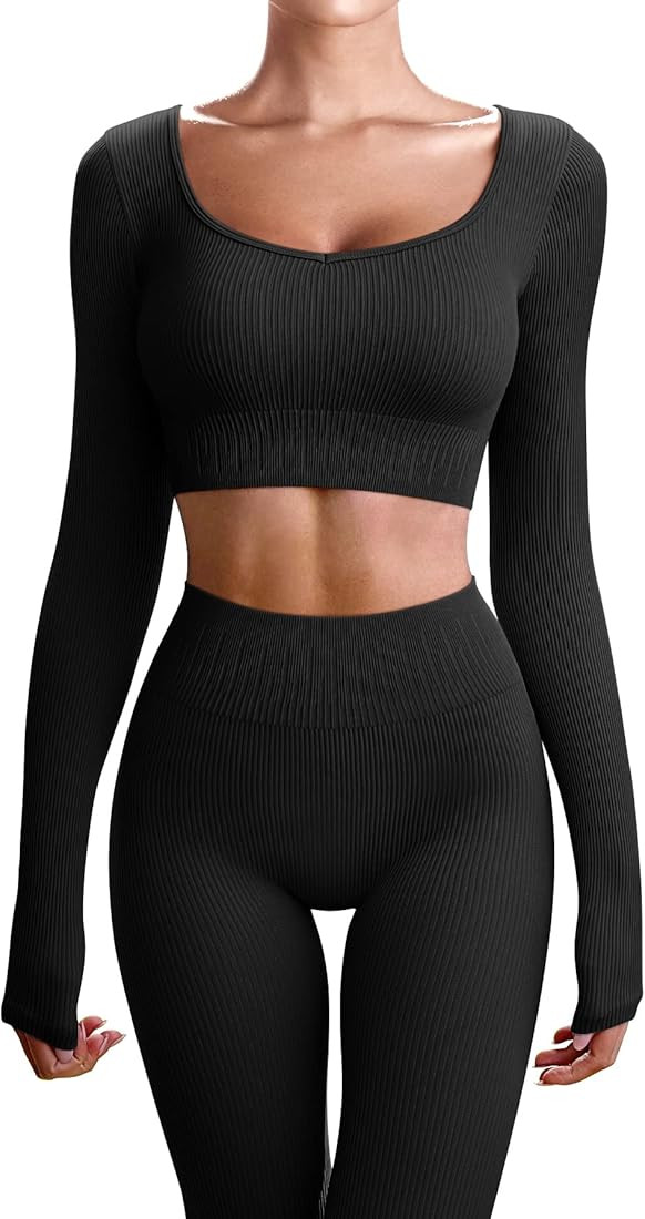 OQQ Workout Outfits for Women 2 Piece Ribbed Yoga Long Sleeve Crop Tops High Waist Leggings Exercise | Amazon (US)