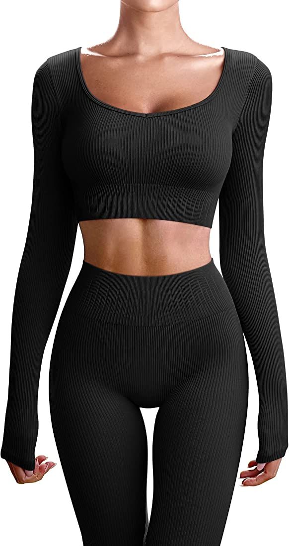 OQQ Workout Outfits for Women 2 Piece Ribbed Yoga Long Sleeve Crop Tops High Waist Leggings Exercise | Amazon (US)