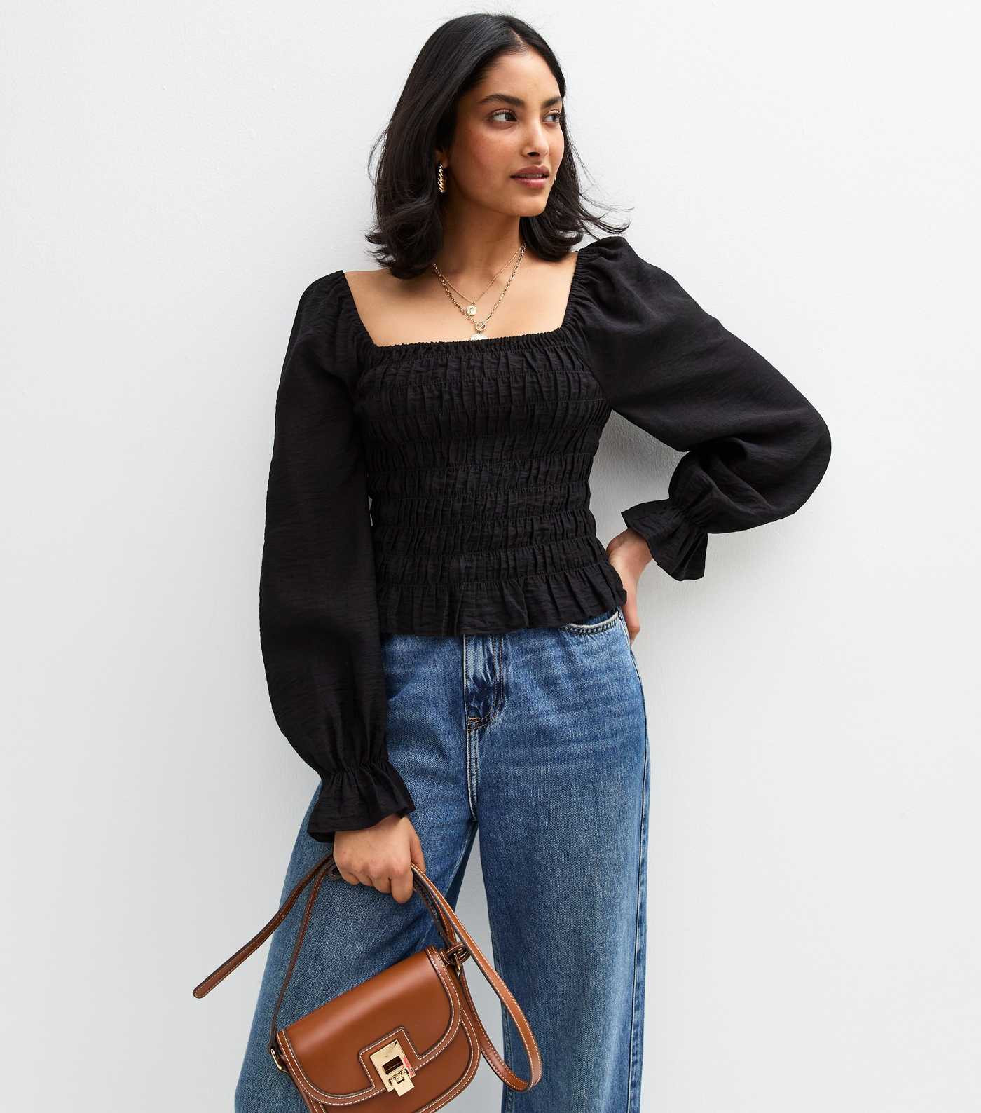 Black Shirred Long Sleeve Top
						
						Add to Saved Items
						Remove from Saved Items | New Look (UK)