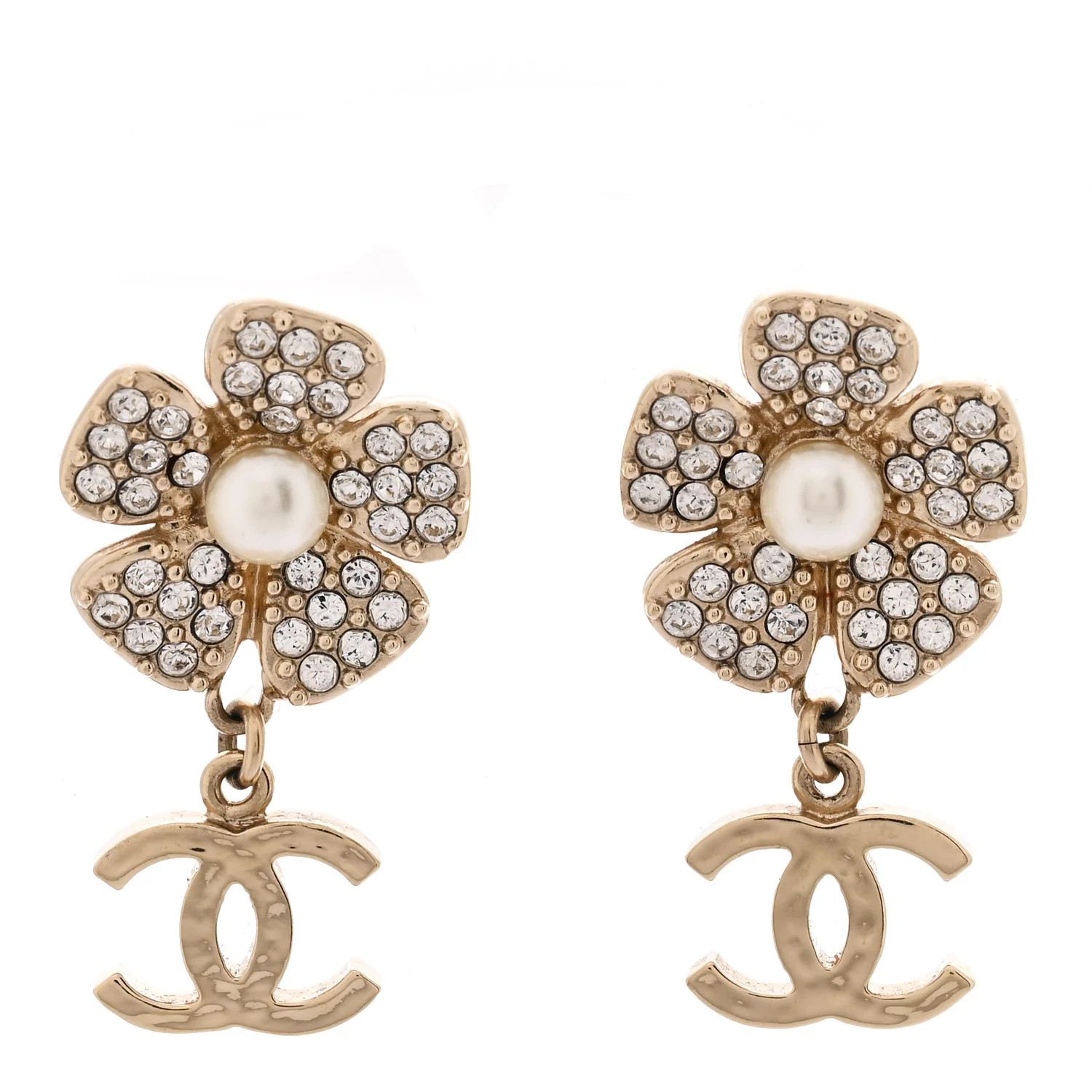 Pearl Crystal CC Flower Drop Earrings Gold White | FASHIONPHILE (US)