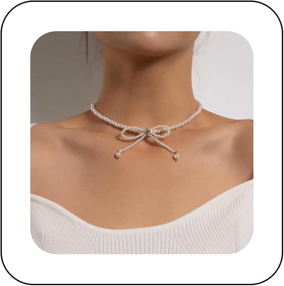 Boho Pearl Choker Necklace Gold Bow Pearl Chain Necklace Vintage White Pearl Beaded Necklace Wedd... | Amazon (US)