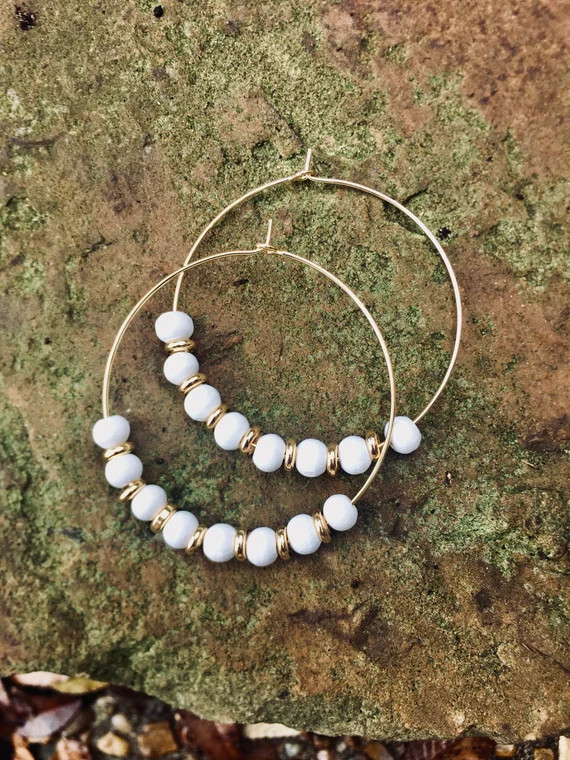 6mm White Wooden Bead & Gold Hoop Earrings | Etsy | Etsy (US)