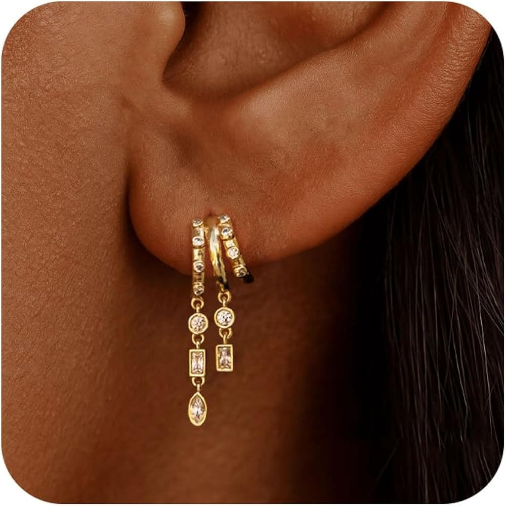 Dangle Earrings for Women,14k Gold Plated Triple Huggie Stud Earrings Cute Statement Chain Earrin... | Amazon (US)