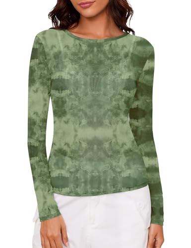 AKEWEI Womens Mesh Sheer Long Sleeve Layering Tops Crew Neck Lace See Through Shirts Slim Fit Fishnet Blouse(Green Tie Dye,XL) | Amazon (US)