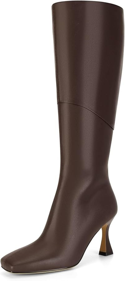 DOEYG Black Leather Knee High Boots for Women Kitten Heel Tall Boots Square Toe Stiletto Heels He... | Amazon (US)