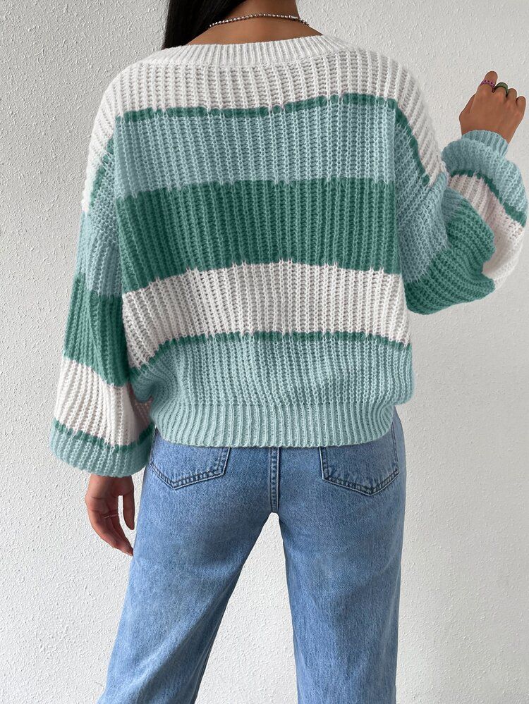 Colorblock Rib-knit Drop Shoulder Sweater | SHEIN