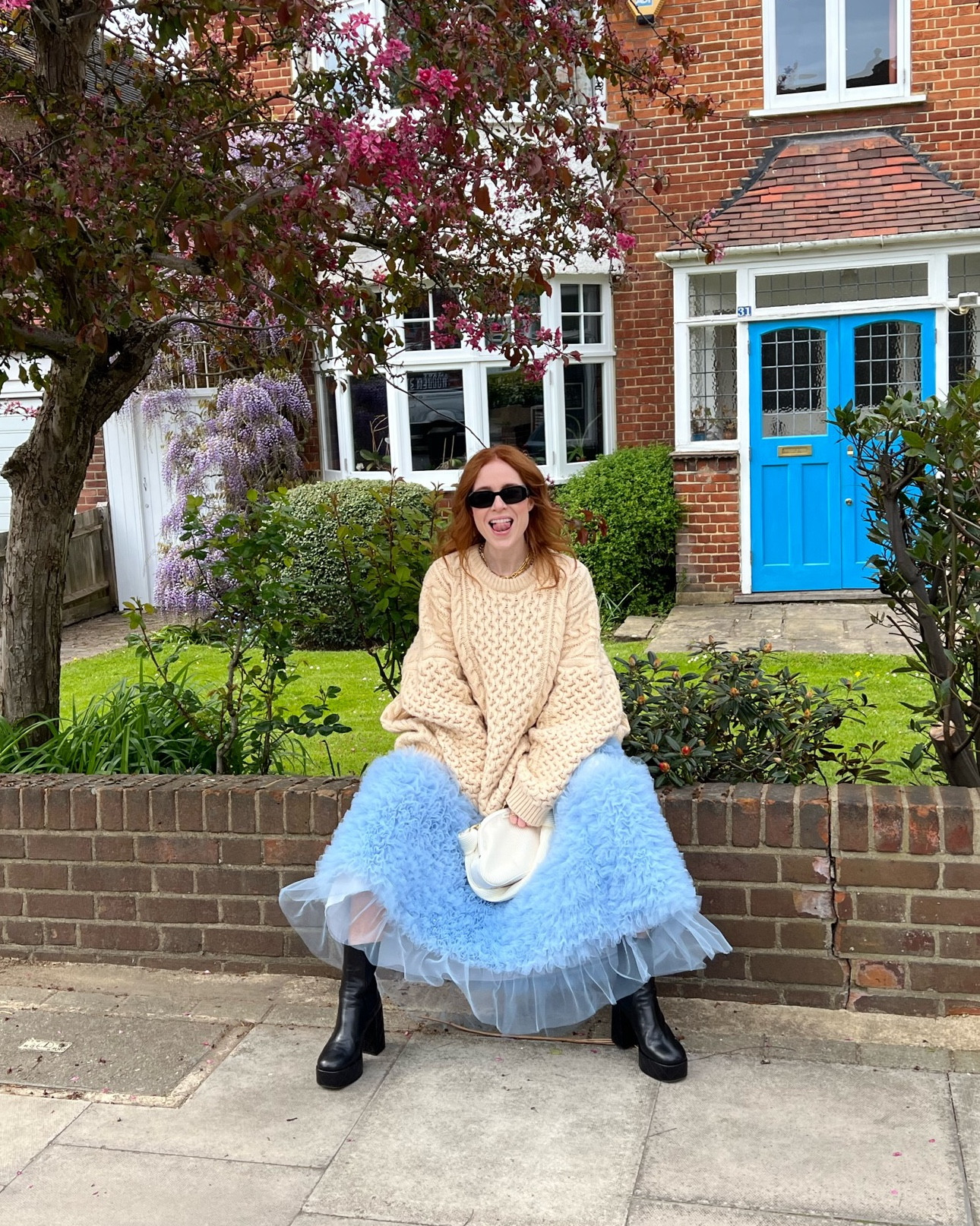 Sister jane, Frankie shop, Lulu guinness, Russell and bromley, Prada, Hugo boss, Toteme, transitional outfit, spring outfit, spring fashion, tulle dress, blue maxi dress, cable knit jumper, oversized jumper, platform boots, ankle boots, dopamine dressing, outfit ideas

#LTKeurope #LTKspring #LTKstyletip