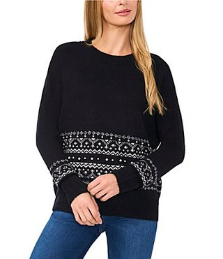 CeCe Fair Isle Jersey Knit Crew Neck Dropped Long Sleeve Pullover Sweater - S | Dillard's