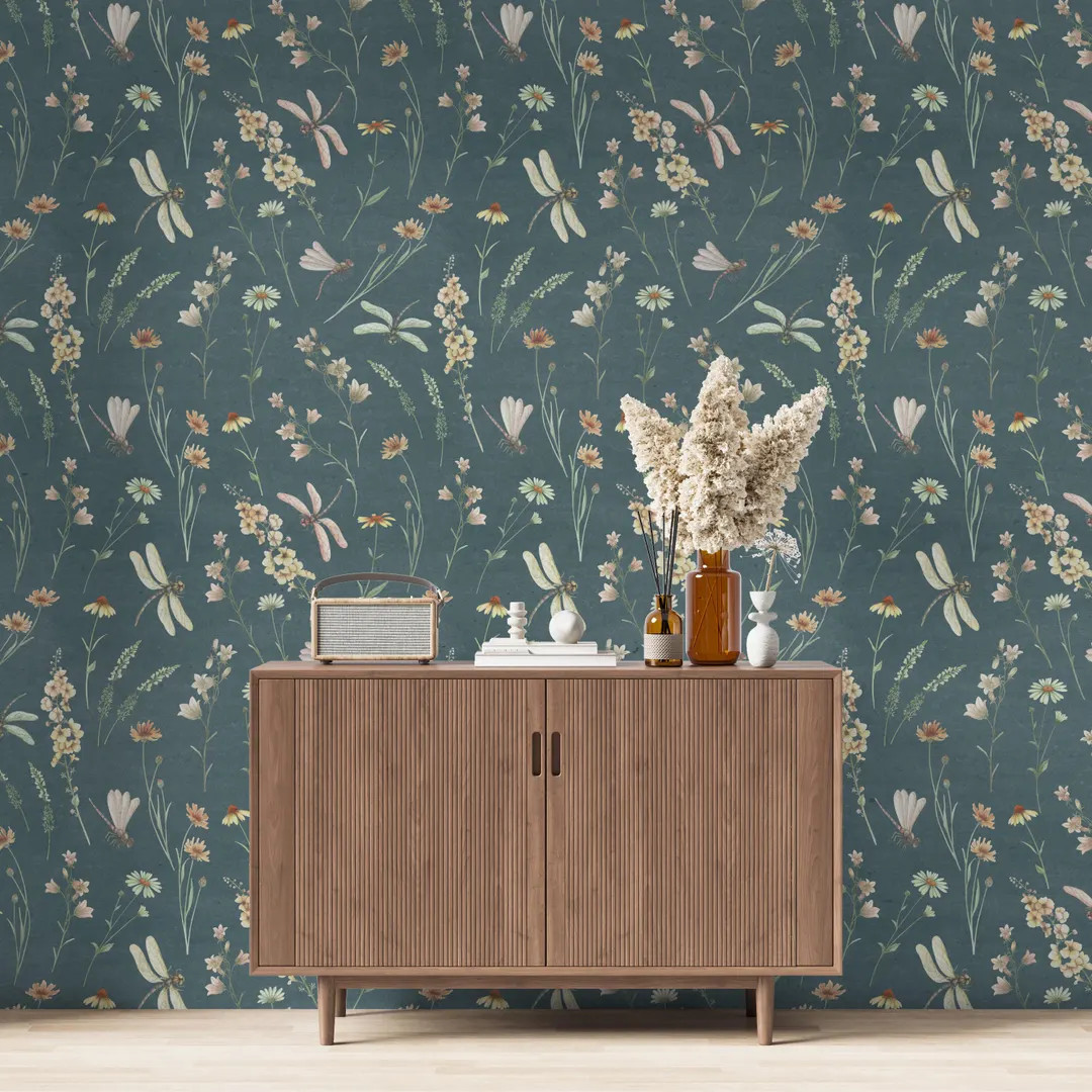 Dark Green Botanical Wallpaper Peel and Stick, Vintage Wall Mural Wildflower With Dragonfly, Remo... | Etsy (US)