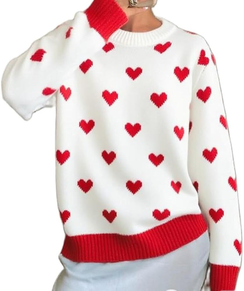 Valentines Cute Heart Sweater for Women Long Sleeve Crewneck Loose Knit Jumper Top Love Print Pul... | Amazon (US)