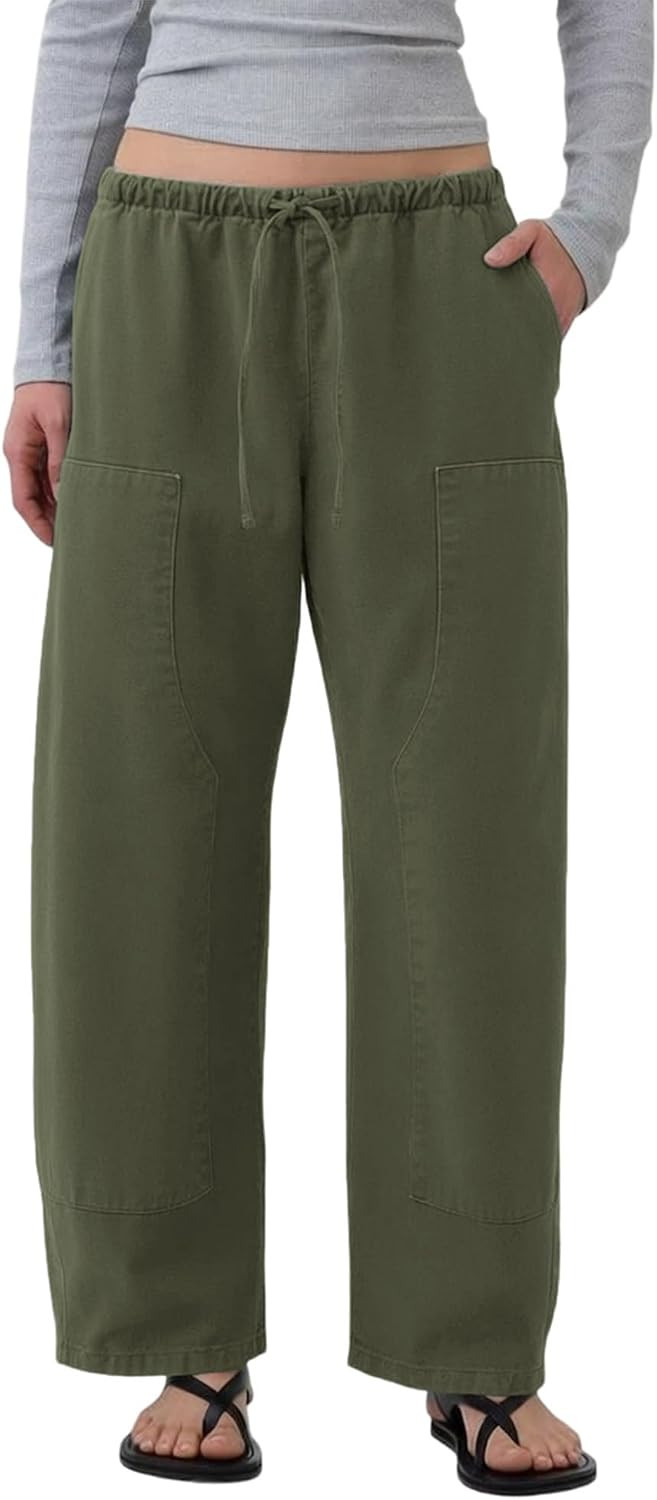 Barrel Pants Womens Double Knee Drawstring Waist Baggy Wide Leg Trousers Cotton Wash Casual Hiking Pants with Pockets | Amazon (US)