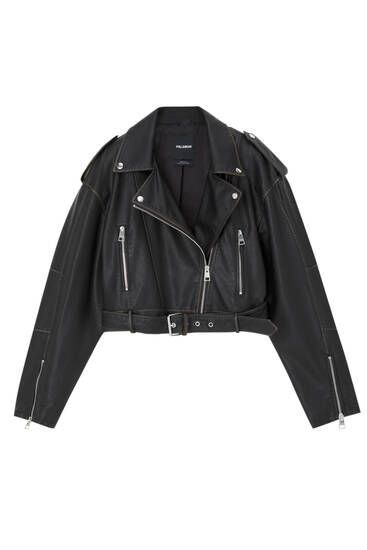 Distressed faux leather biker jacket | PULL and BEAR UK