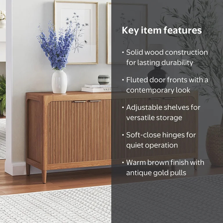 My Texas House Linden Buffet Cabinet Sideboard, Fluted Doors, Adjustable Shelves, Warm Brown | Walmart (US)