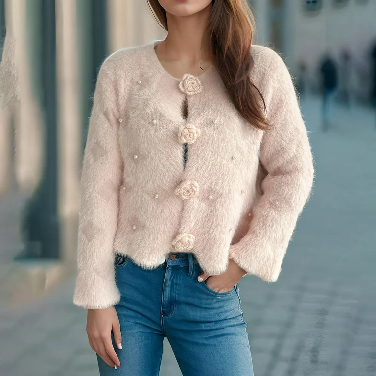 Qetyuw Fuzzy Sweaters for Women Button Up Cardigan Pearl Decoration Long Sleeve Cardigans Jacket ... | Walmart (US)