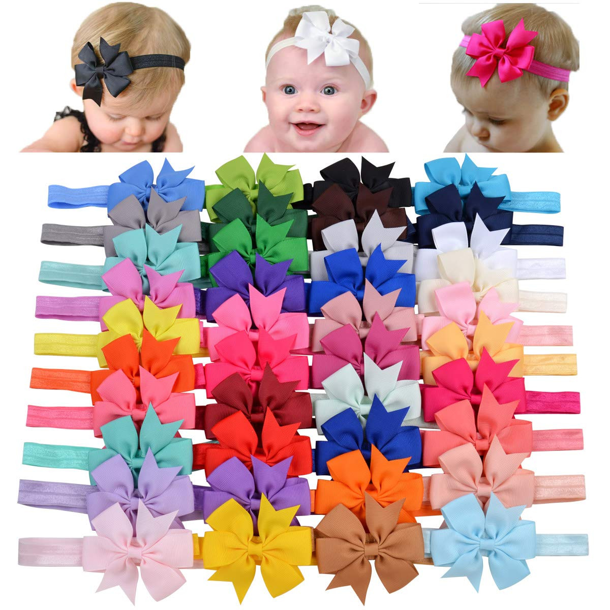 jollybows 40pcs Baby Girls Grosgrain Ribbon Hair Bows Headbands 3" Hair Band Hair Accessories for... | Amazon (US)