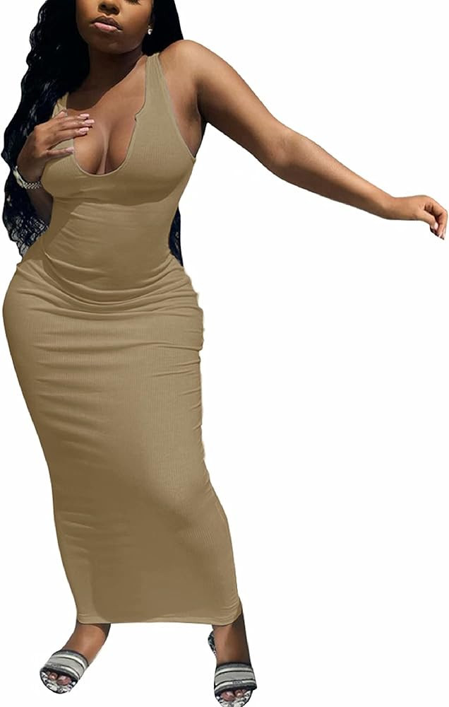 Adogirl Women's Sexy Summer Casual Slit Scoop Neck Ottoman Rib Club Beach Basic Long Bodycon Maxi... | Amazon (US)
