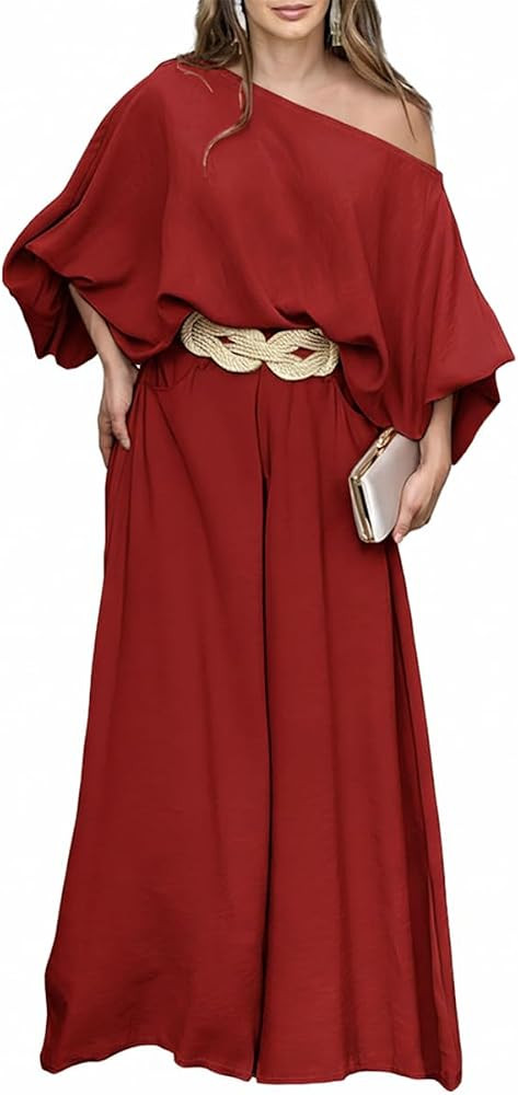 CHICME Women 2 Piece Summer Outfit Off Shoulder Flowy Wide Leg Pants Set | Amazon (US)