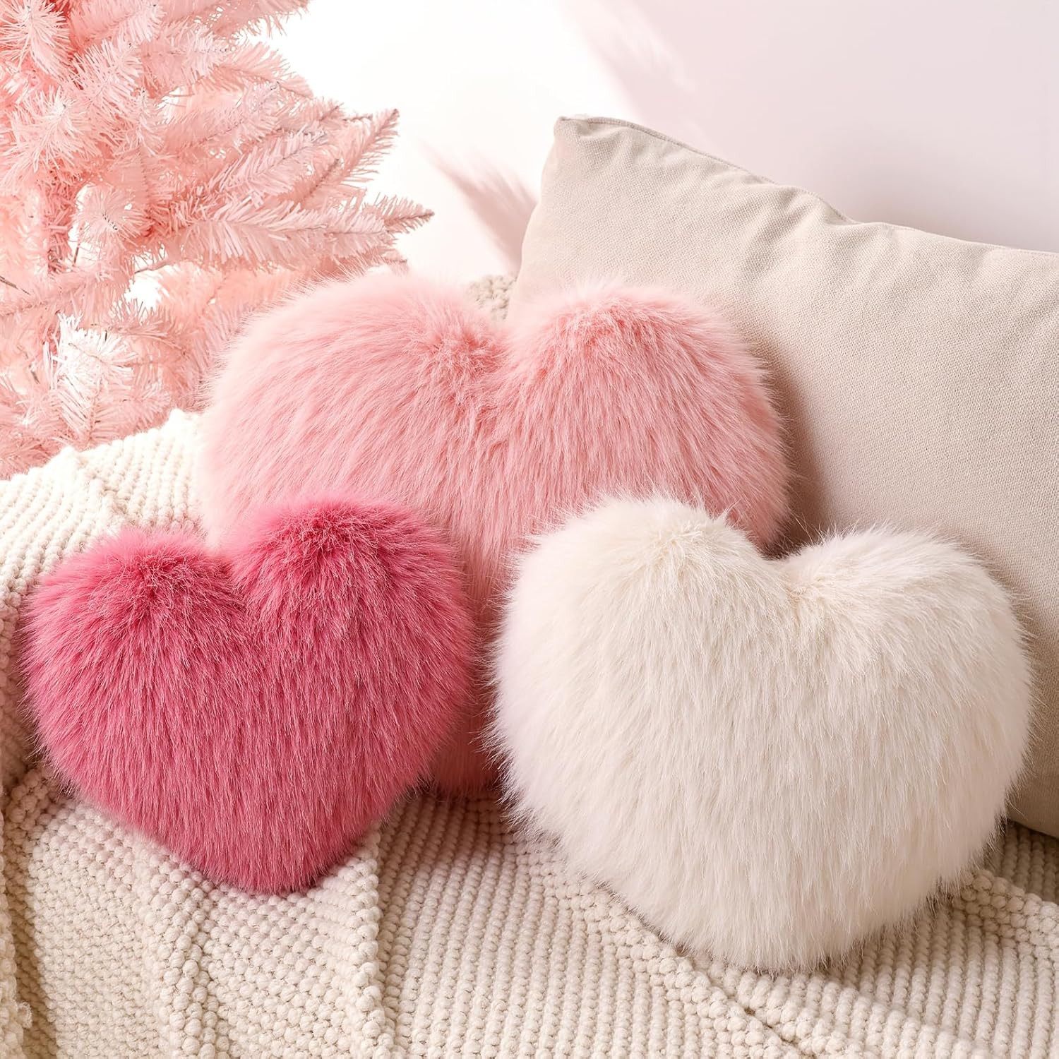 Bunny Chorus Valentine Pillow: 3 Pack Ultra Soft Plush Faux Fur Heart Valentine Pink Pillows, Flu... | Amazon (US)