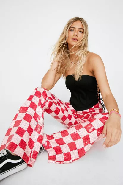 Sequin Checkerboard Kick Flared Pants | Nasty Gal (US)