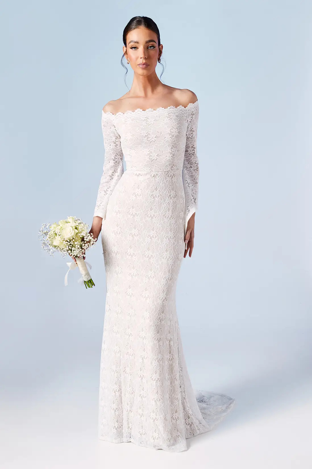 Ivory Coast Honoured Bardot Boho Lace Fishtail Wedding Dress | Boohoo USA | boohoo (US & Canada)