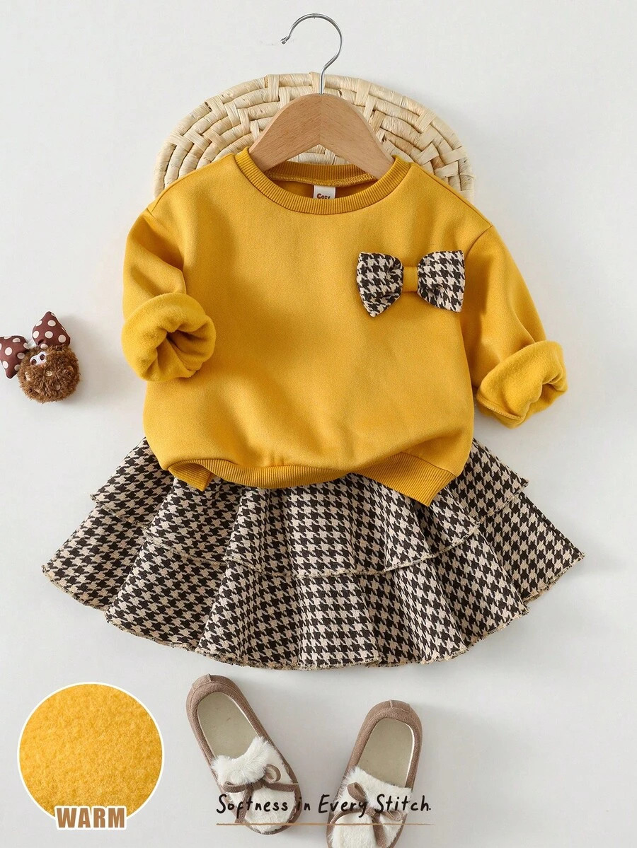 Cozy Pixies 2pcs/Set Baby Girl Clothes,Cute Butter Yellow Crew Neck Long Sleeve Sweatshirt & Plaid Elastic Waist Skirt,Autumn Family Matching Casual Outfit Set | SHEIN