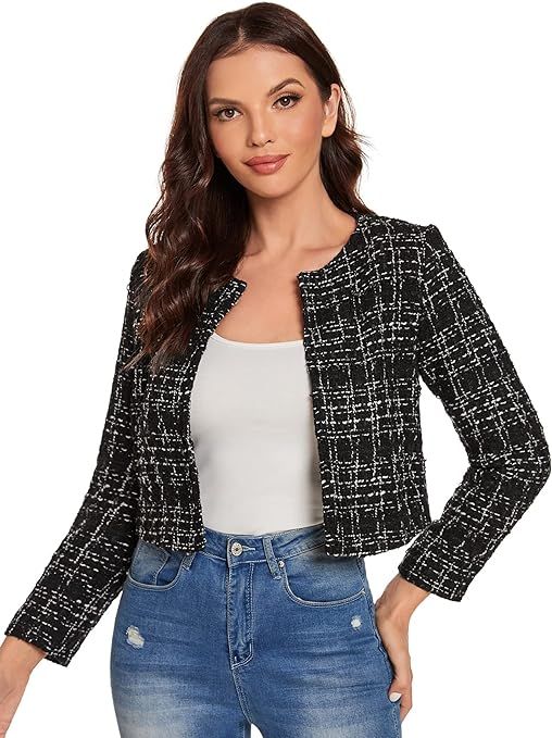 SheIn Women's Long Sleeve Plaid Tweed Open Front Cropped Jacket Work Office Blazer | Amazon (US)