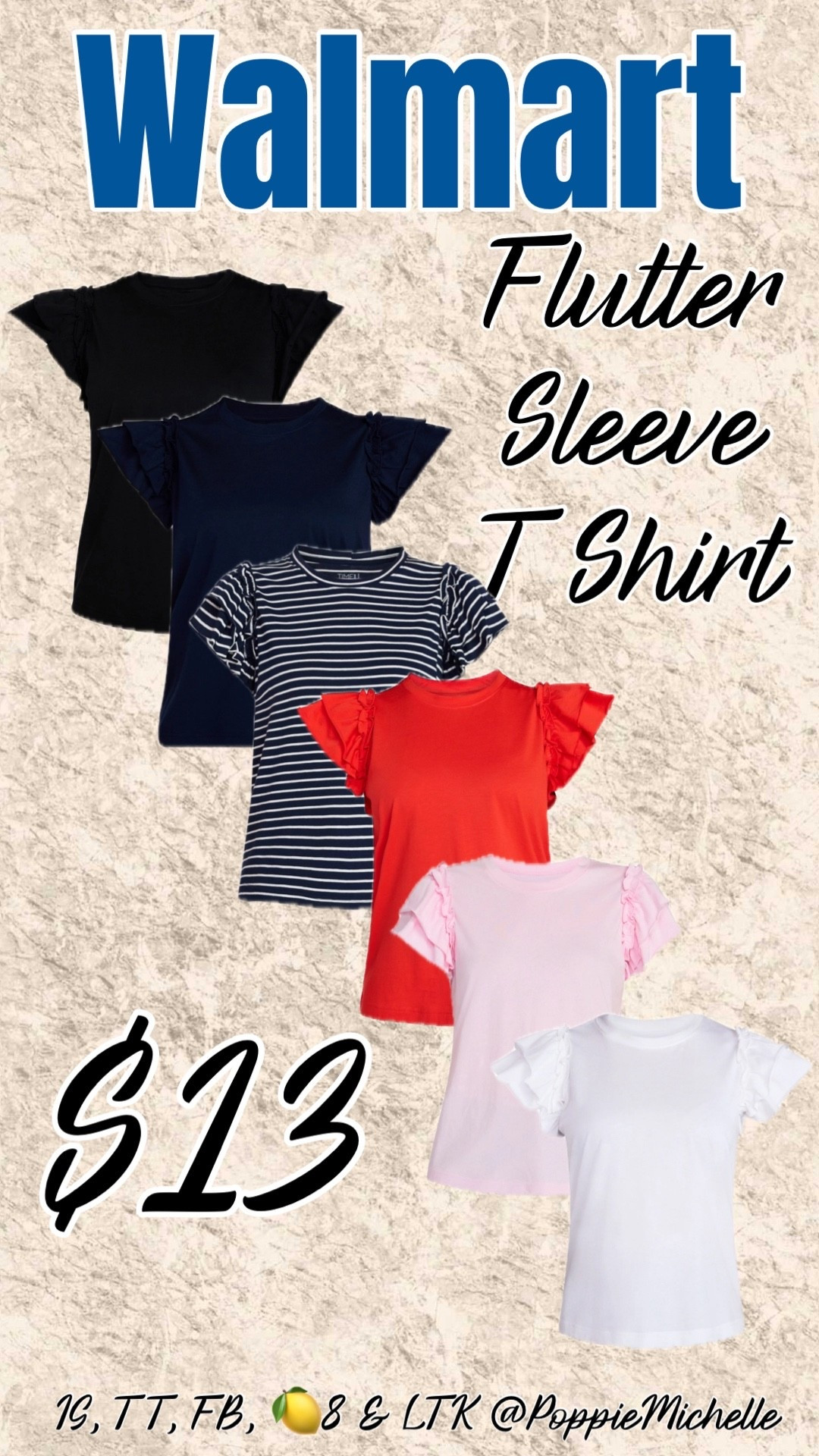 Walmart Flutter sleeve T shirt 
Red ruffle sleeve shirt 
White T shirt with ruffle sleeves 
Black Tee shirt cap sleeve with ruffles 
Navy striped flutter sleeve T shirt 

#LTKgrwm #LTKdayinmylife #LTKootd