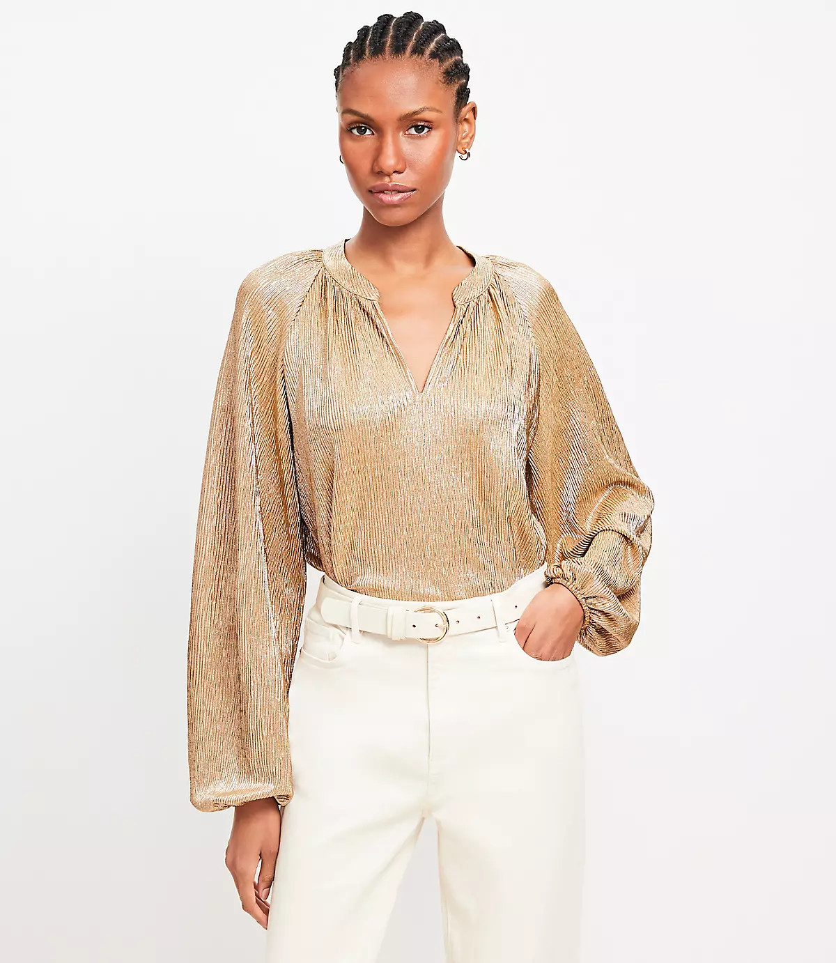 Metallic Pleated Split Neck Top | LOFT