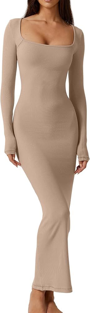 QINSEN Women's Long Maxi Dress Square Neck Long Sleeve Ribbed Bodycon Lounge Dresses | Amazon (US)