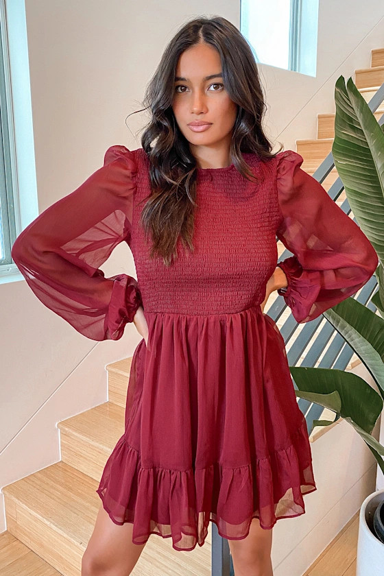 Simply the Sweetest Berry Red Long Sleeve Smocked Mini Dress | Lulus