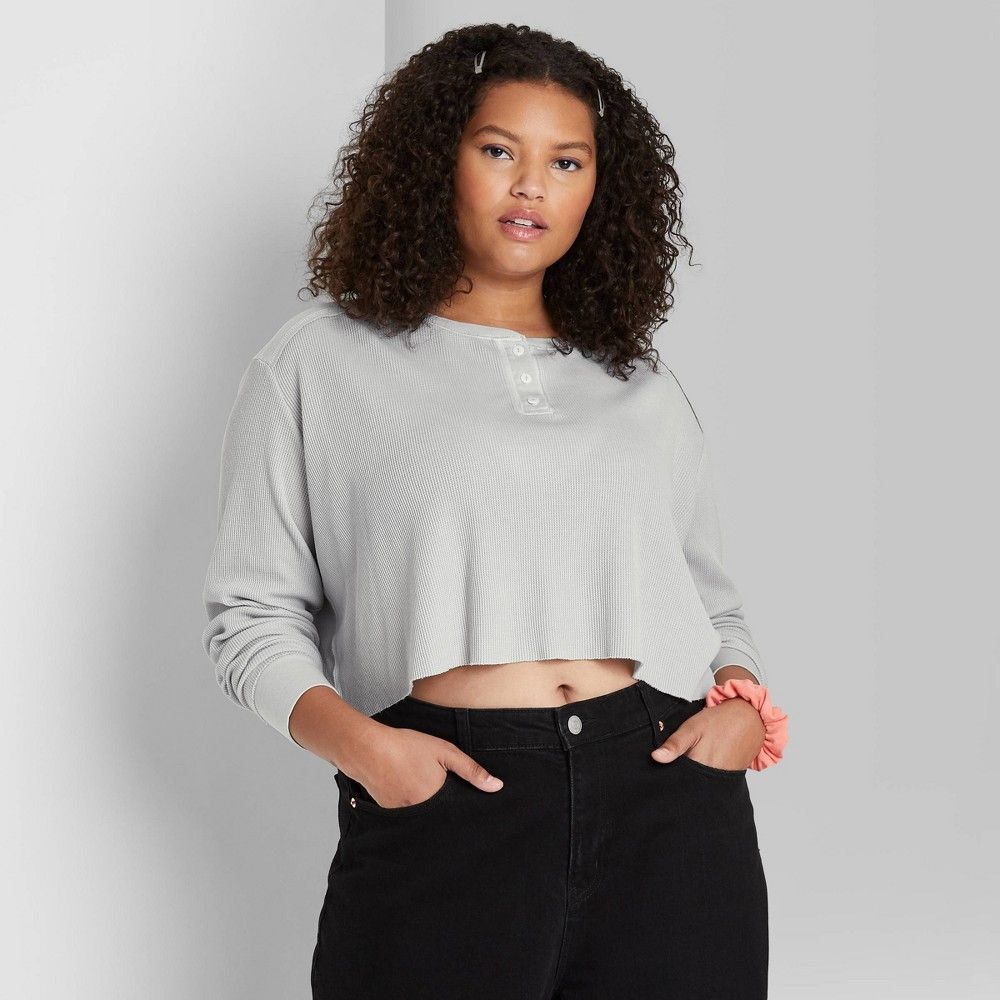 Women's Plus Size Long Sleeve Boxy Waffle Henley T-Shirt - Wild Fable Light Gray Striped 1X | Target