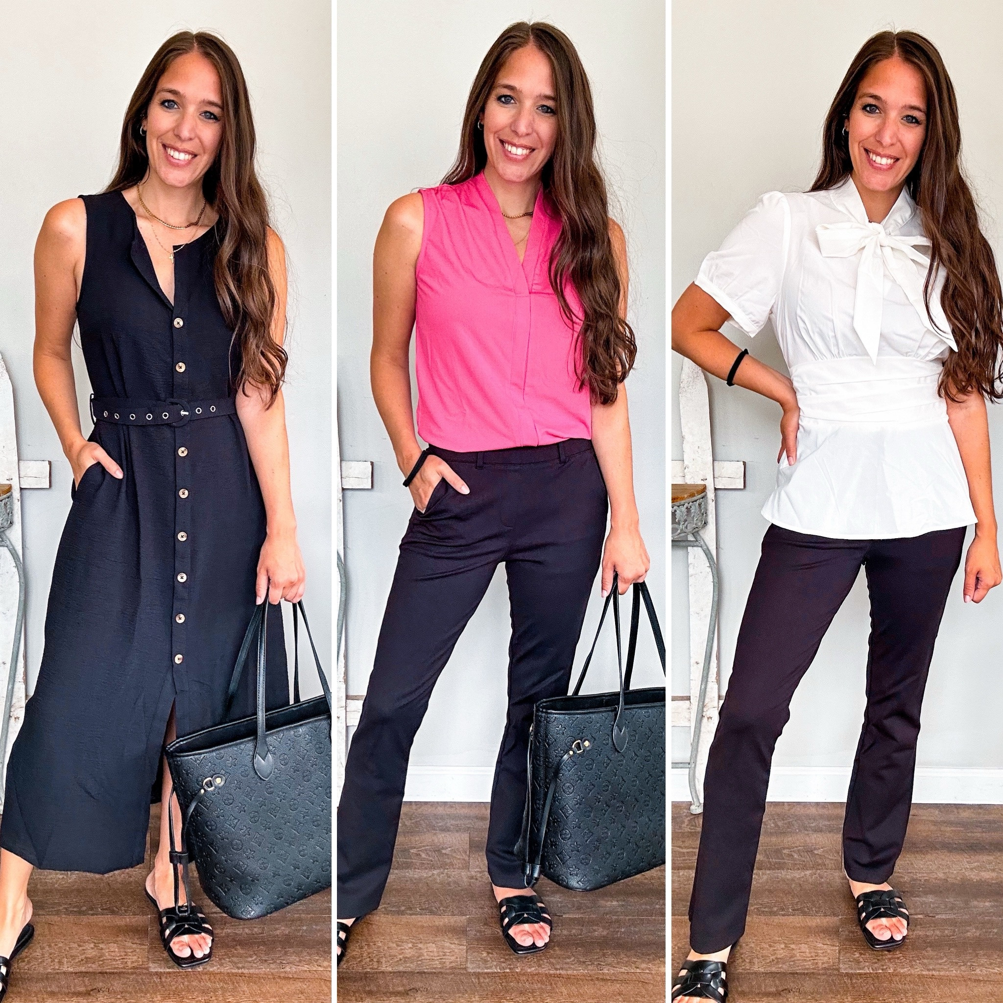 Amazon workwear pieces! So good! Great quality! Perfect for teachers or the work please! 
Wearing small in all
Pant XS petite! 
Shoes tts 
Discount codes: 👇🏼 

- Pink top: 20% off pulse 10% off code: N5GAGMAF
- White top: 10% off code: JG84M5S7
- Black dress is 40% off pulse 10% off code: B2TU6K24 (some colors are 40% off) 

#LTKStyleTip #LTKFindsUnder50 #LTKWorkwear