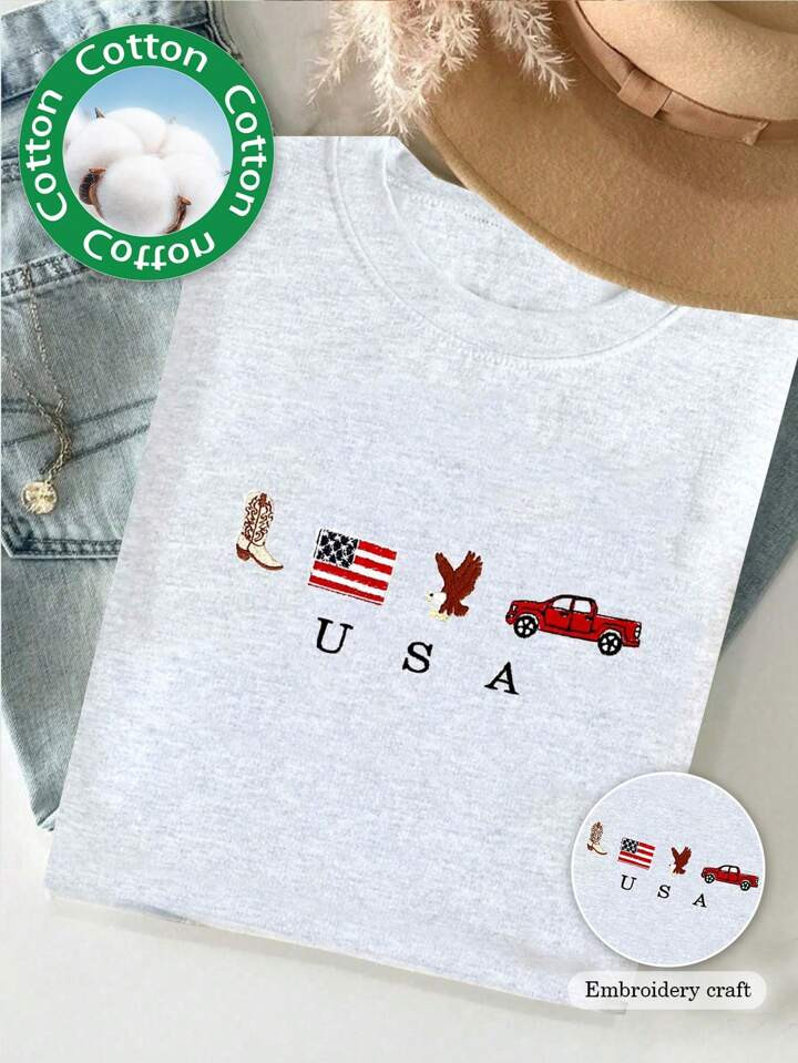 American Icon Embroidered Round Neck T-Shirt | American Floral Embroidered Light Grey Short Sleeve T-Shirt | July 4th Round Neck T-Shirt | Country, Western, Cowboy T-Shirt | SHEIN