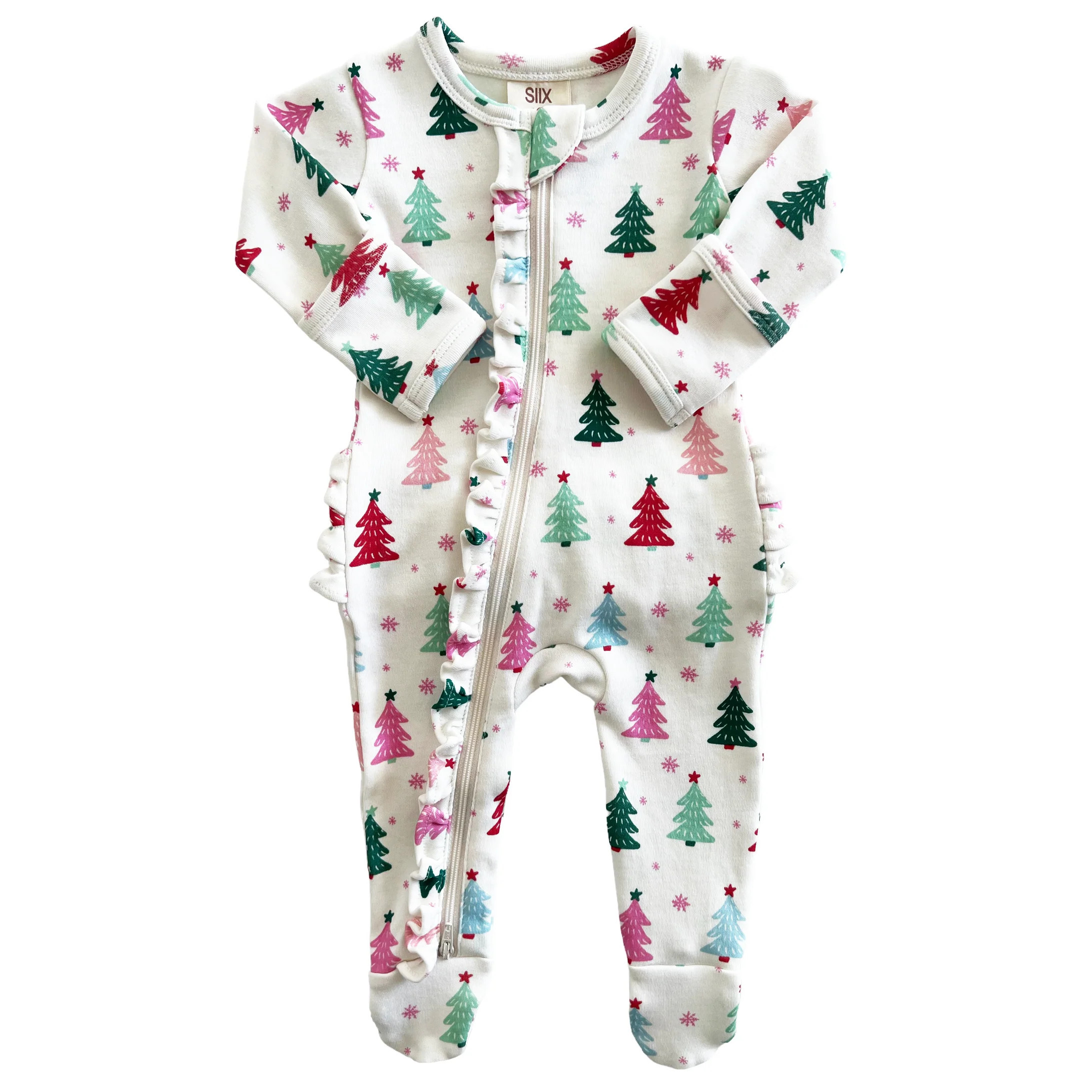 Christmas Trees Pink / Organic Frill Zip Footie | SpearmintLOVE